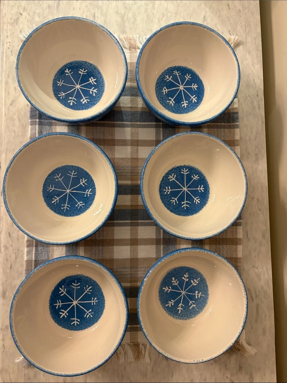 St. Nicholas Square 6 Button Up Blue Snowman Cereal / Soup Bowls Holiday